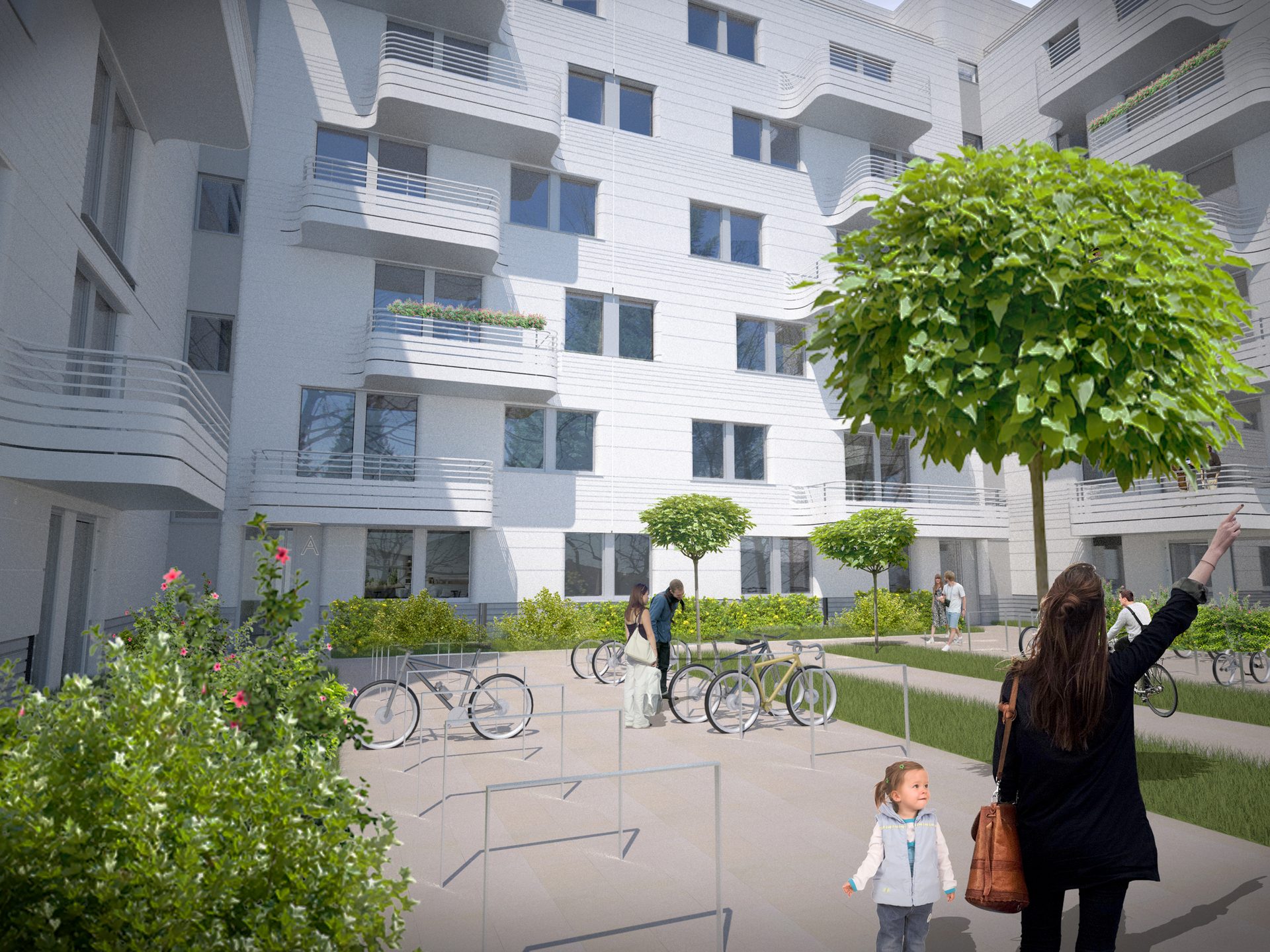 Visualisation of a residential courtyard, a pale new building with curved balcony balustrades, cycle stands and young trees, residents making their way across the courtyard