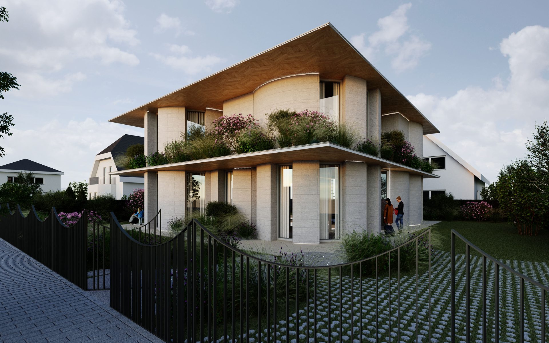 Visualisation of a two-storey house with widely cantilevered roofs and timber-clad soffits, rammed concrete columns and densely planted terraces behind a wrought-iron fence